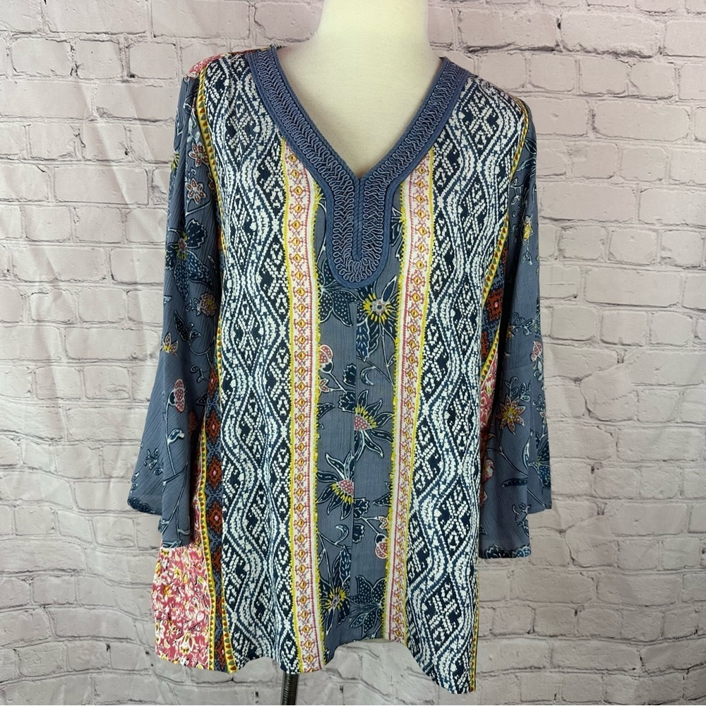 vtg Coldwater Creek Blue Floral boho flowy Tunic top womens M v-neck embroidered